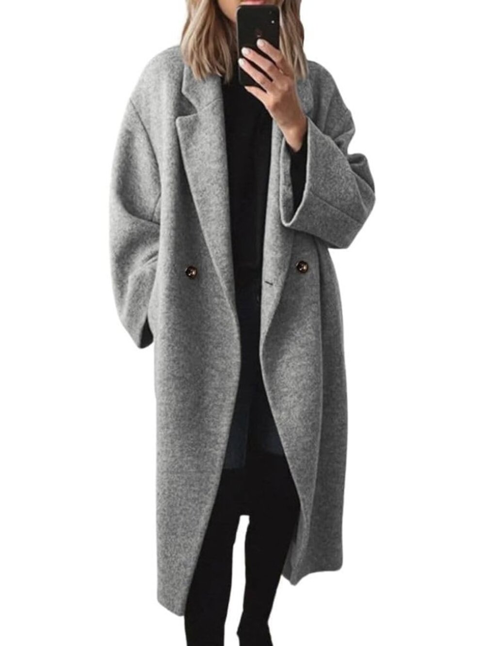 Women's Grey Wool Double Breasted Oversized Long Notch Lapel Trench Pea Coat
